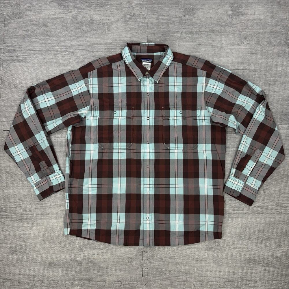 Patagonia Shirt Large L El Ray Brown Fishing Performance Outdoor Snap Seersucker